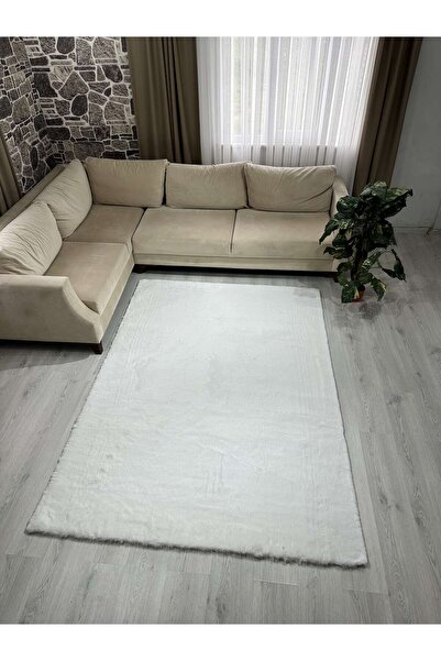 Freya Home Modern Tavşan Tüyü Yumuşacık Tüy Dökmez Peluş Halı Kırık Beyaz