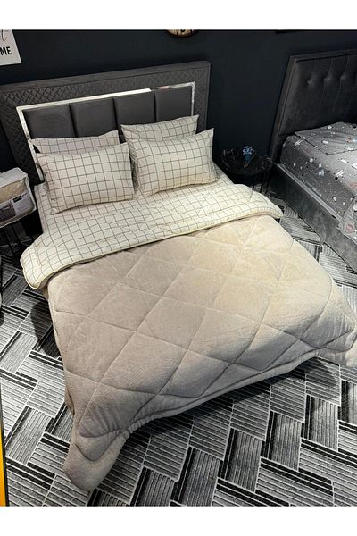 tekstildiyarı Welsoft Puffy Double and Reversible Quilt Set - Cream Square