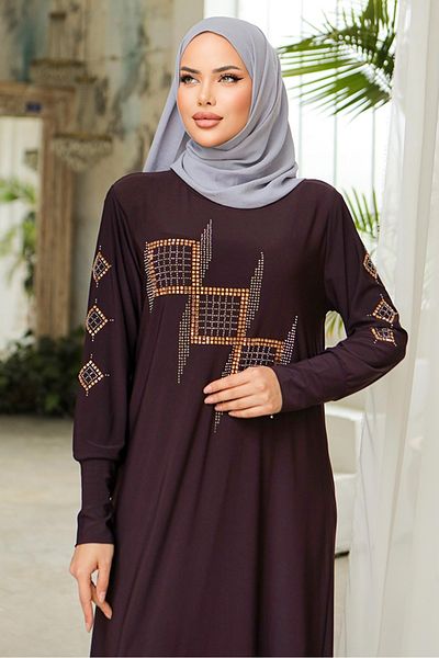 Bestenur Amaya 832 Model Jewelled Plum Hijab Dress