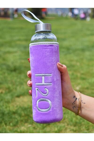 MEDITERIAN Purple 600 ml H2O Glass Flask with Plush Case Glass Water Bottle w...
