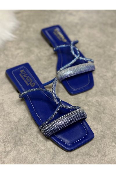 İmerShoes Papuci albaștri de zi cu zi pentru femei, cu o singură bandă, cu piatră încrucișată, cu vârf tocit, cu toc, talpă confortabilă, vara 19