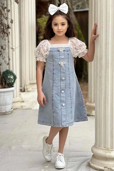 Riccotarz Girls' Transparent Lace Embroidered Balloon Sleeve Jeans Dress with Collar and Sleeves