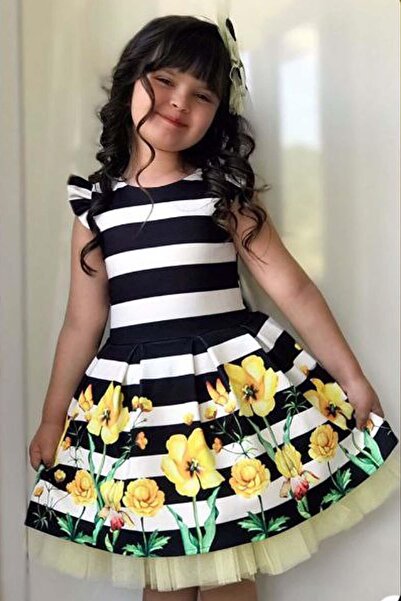 Riccotarz Girl's Ruffled Shoulder Tulle Dress with Zero Sleeve Skirt Stripe and Flower Detail