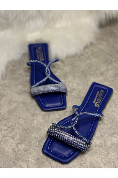İmerShoes Papuci albaștri de zi cu zi pentru femei, cu o singură bandă, cu piatră încrucișată, cu vârf tocit, cu toc, talpă confortabilă, vara 19