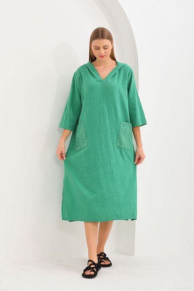 AYASOFYA OTANTIK Women's Green Hooded Sequin Pocket Detailed Long Loose Linen Dress