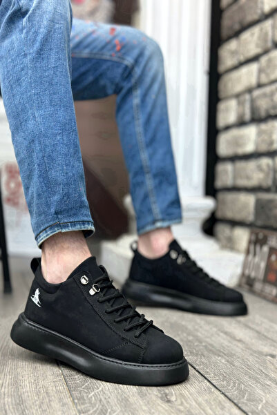 Rainon Store Siyah Deri Yüksek Taban Bağcıklı Erkek Spor Ayakkabı