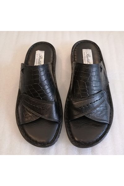 Butik Tülin شبشب جلد أصلي للجنسين بطبعة تمساح أسود - شريط عريض، خياطة ناعمة، نعل غير قابل للانزلاق