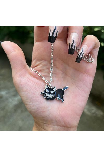 Köstebek Black Cat Necklace with Running Murder Cat Blade