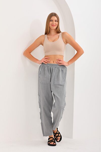 AYASOFYA OTANTIK Women's Gray Elastic Waist Side Mesh Patch Detailed Shalwar Trousers