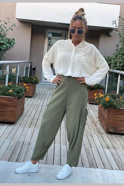 AYASOFYA OTANTIK Women's Khaki Elastic Waist Side Mesh Pocket Linen Shalwar Trousers