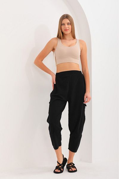 AYASOFYA OTANTIK Women's Black Elastic Waist Side Mesh Pocket Linen Shalwar Trousers