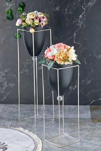 Besthırdavat Dekoratif Gri Metal Siyah Dekoratif Ayaklı Saksı 2'li