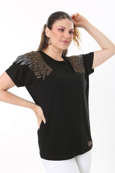 Şans Women's Plus Size Black Angels Stone Detailed Short Sleeve Blouse 65N37675