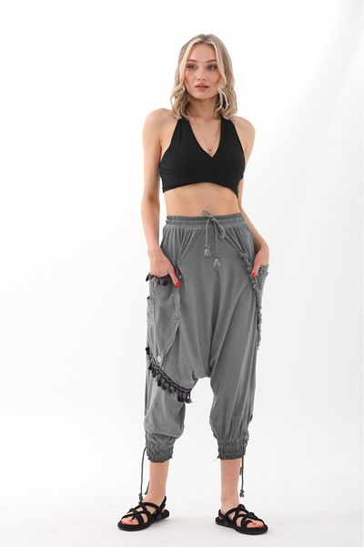 AYASOFYA OTANTIK Women's Gray Ethnic Authentic Sequined Baggy Trousers