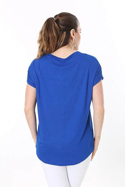 Şans Women's Large Size Saxe Stone Detailed V-Neck Short Sleeve Blouse 65N37673