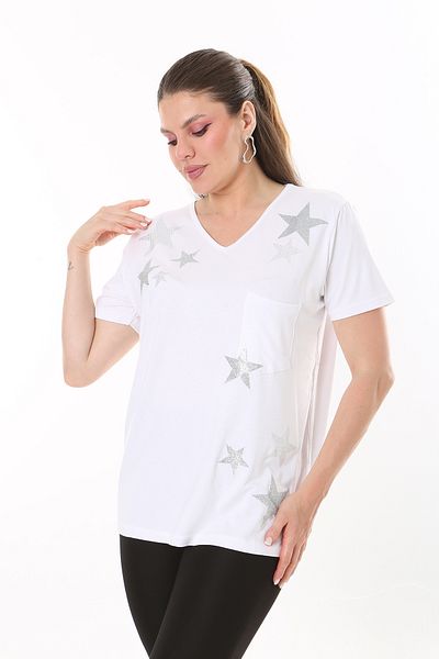 Şans Women's Plus Size White Stone Detailed V-Neck Chest Pocket Short Sleeve Blouse 65N37678