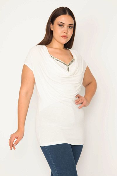Şans Women's Large Size Bone Stone Detailed Low Collar Blouse 65N37662