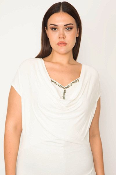 Şans Women's Large Size Bone Stone Detailed Low Collar Blouse 65N37662