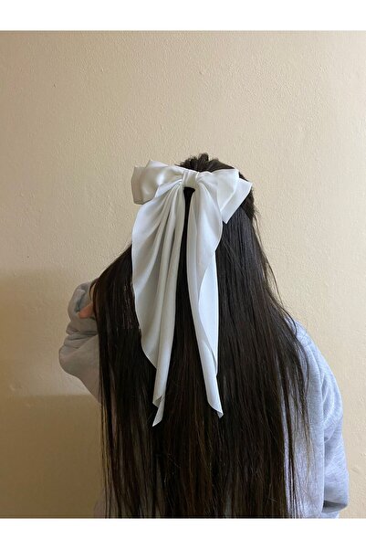 sema aksesuar Πόρπη με φιόγκο με λευκό κασκόλ - Κλιπ μαλλιών με φιόγκο με μακριά ουρά