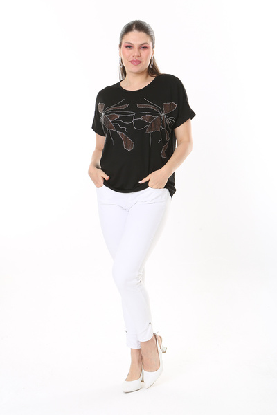 Şans Women's Plus Size Black Stone Detailed Short Sleeve Blouse 65N37683