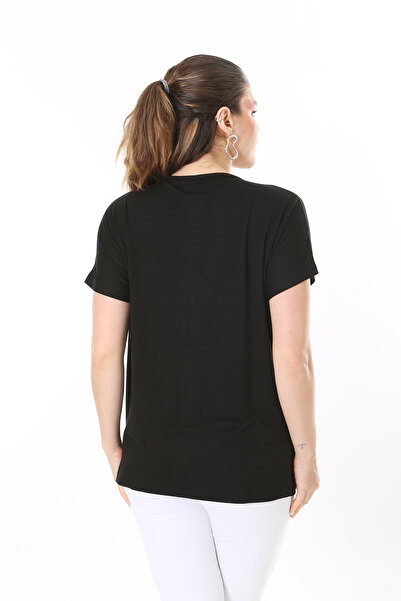 Şans Women's Plus Size Black Stone Detailed Short Sleeve Blouse 65N37683