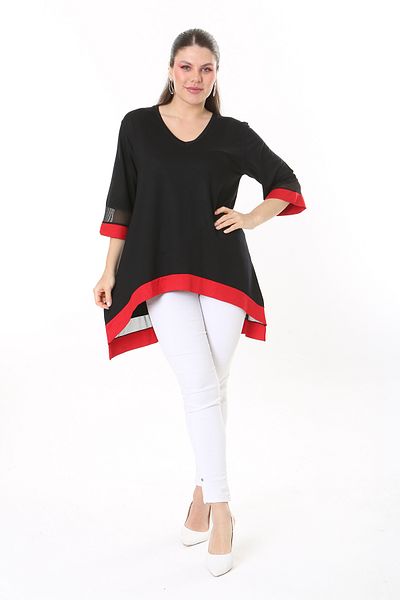 Şans Women's Large Size Red Sleeve and Skirt Tip Tulle and Garni Detailed V-Neck Long Back Tunic 65N37681