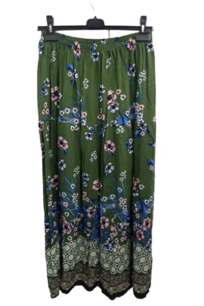 ZY BUTİK Green Floral Patterned Viscose Long Skirt with Elastic Waist