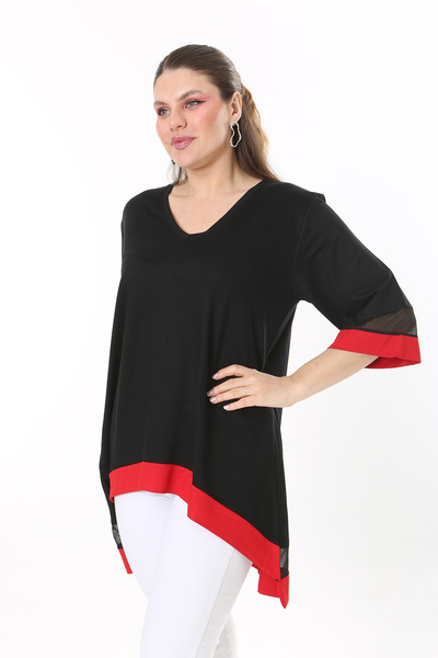 Şans Women's Large Size Red Sleeve and Skirt Tip Tulle and Garni Detailed V-Neck Long Back Tunic 65N37681