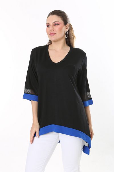 Şans Women's Large Size Saxe Sleeve and Skirt Tip Tulle and Garni Detailed V-Neck Long Back Tunic 65N37681