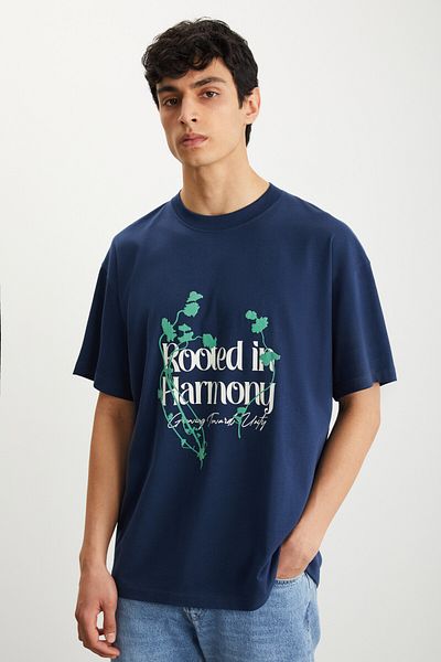 GRIMELANGE Tricou pentru bărbați Roklen, 100% bumbac, cu decolteu, imprimat, albastru bleumarin