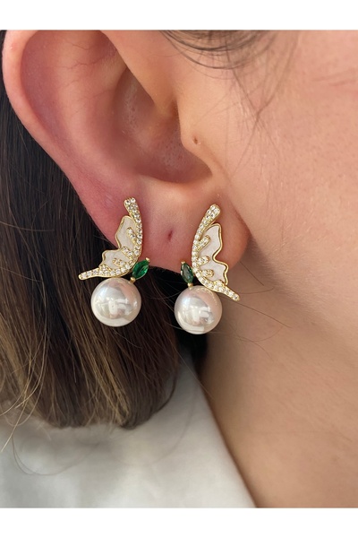 Pinery Jewels Vıp Seri - Kadın 3'lü Sedefli Sallantılı Incili Kupe Seti