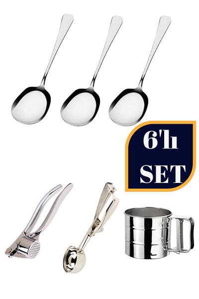 BRE HOME 6 stainless steel 3 serving spoons, ice cream spoons, garlic masher, flour sieve