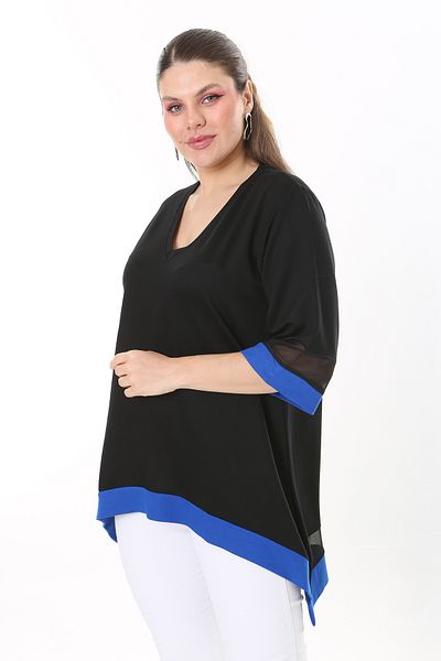 Şans Women's Large Size Saxe Sleeve and Skirt Tip Tulle and Garni Detailed V-Neck Long Back Tunic 65N37681