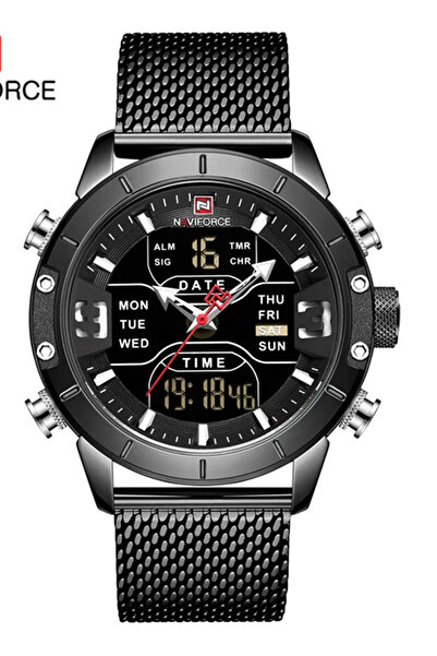 Skmei ساعة يد رجالية بشريط شبكي رقمي تناظري Naviforce NF 9153