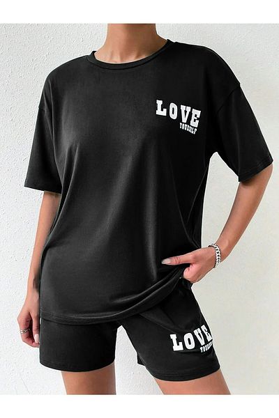 DAXİS Sportwear Company Set Love Yourself pentru damă - Combinație de pantaloni scurți de partea de sus, de partea de sus, Set de tricou cu imprimeu supradimensionat