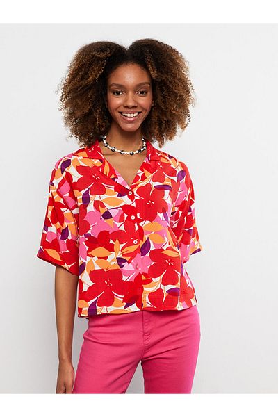 LC Waikiki Front Button Closure Printed Short Sleeve Viscose Women's Shirt