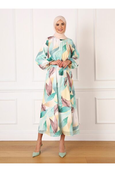 Refka فستان حجاب شيفون بأكمام على شكل ورقة شجر - نمط زهرة خضراء - ريفكا