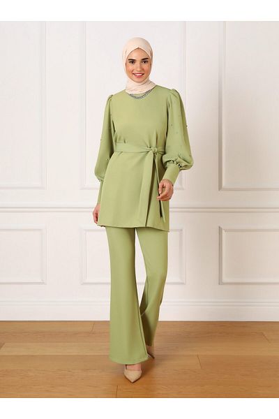 Refka Stone and Button Detailed Evening Dress Set - Dirty Green -