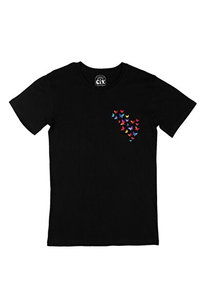Cix Colorful Butterflies Black T-Shirt with Pocket Logo Design