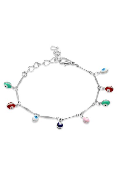 Tesbihane Silver Color Metal Chain Multicolor Enamel Evil Eye Bead Detailed Women's Bracelet