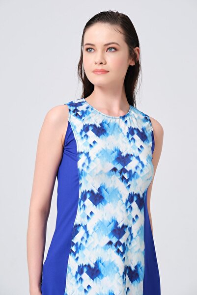 ALFASA Önü Desenli Sıfır Kol Yarı Kapalı Mayo - Saks Mavi - Alfasa