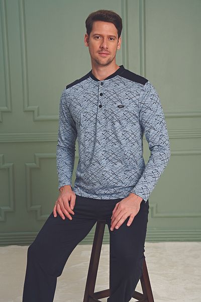BSM Set pijama albastru din bumbac de înaltă calitate pentru bărbați - cu mânecă lungă cu model