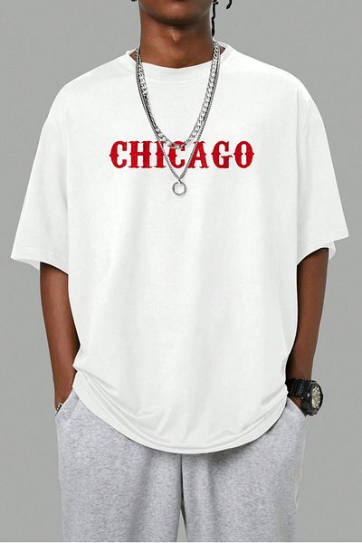 MODAGEN Ανδρικό μπλουζάκι Oversize με στάμπα Chicago με λευκή λαιμόκοψη