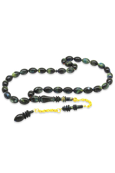 Tesbihane Ασημένια φούντα İmamesi Master Workmanship Capsule Cut Pearlescent Τυρκουάζ-Μαύρο Στύψιμο Κεχριμπάρι Χάντρες προσευχής