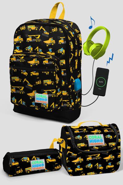 Coral High Siyah Dozer Desenli Dört Bölmeli Usb Şarjlı Kulaklık Çıkışlı Çanta...