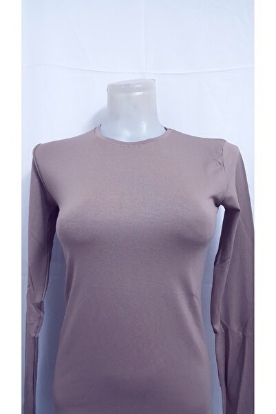 Ece Kadın Açık Kahverengi Bisiklet Yaka Uzun Kollu Body