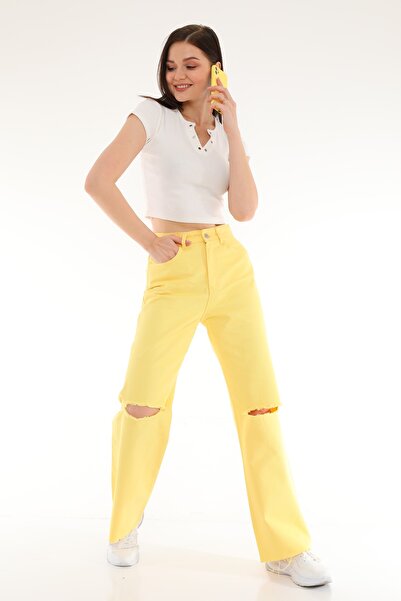 Darkly Jeans Sari Süper Yüksek Bel Dizi Kesik Straight Fit Jean Pantolon