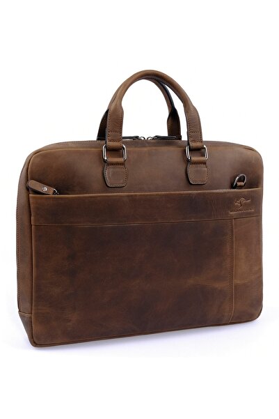 KANGAROO KINGDOM Men's Laptop & Briefcase Genuine Cow Leather Crazy Horse Dark Camel 8285-zkc
