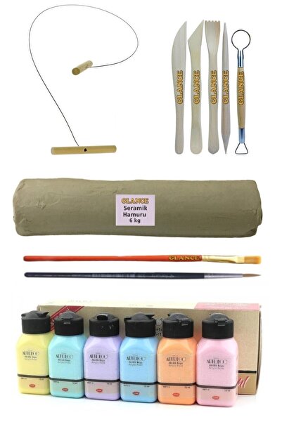 GLANCE Beyaz Seramik Hamuru 6 Kg +Kil Kesme Teli 5'li + Pastel Renkler Ebeşua...