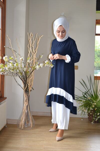 AYSUN AYDEMİR Navy Blue White Hijab Set of 2 with White Trousers